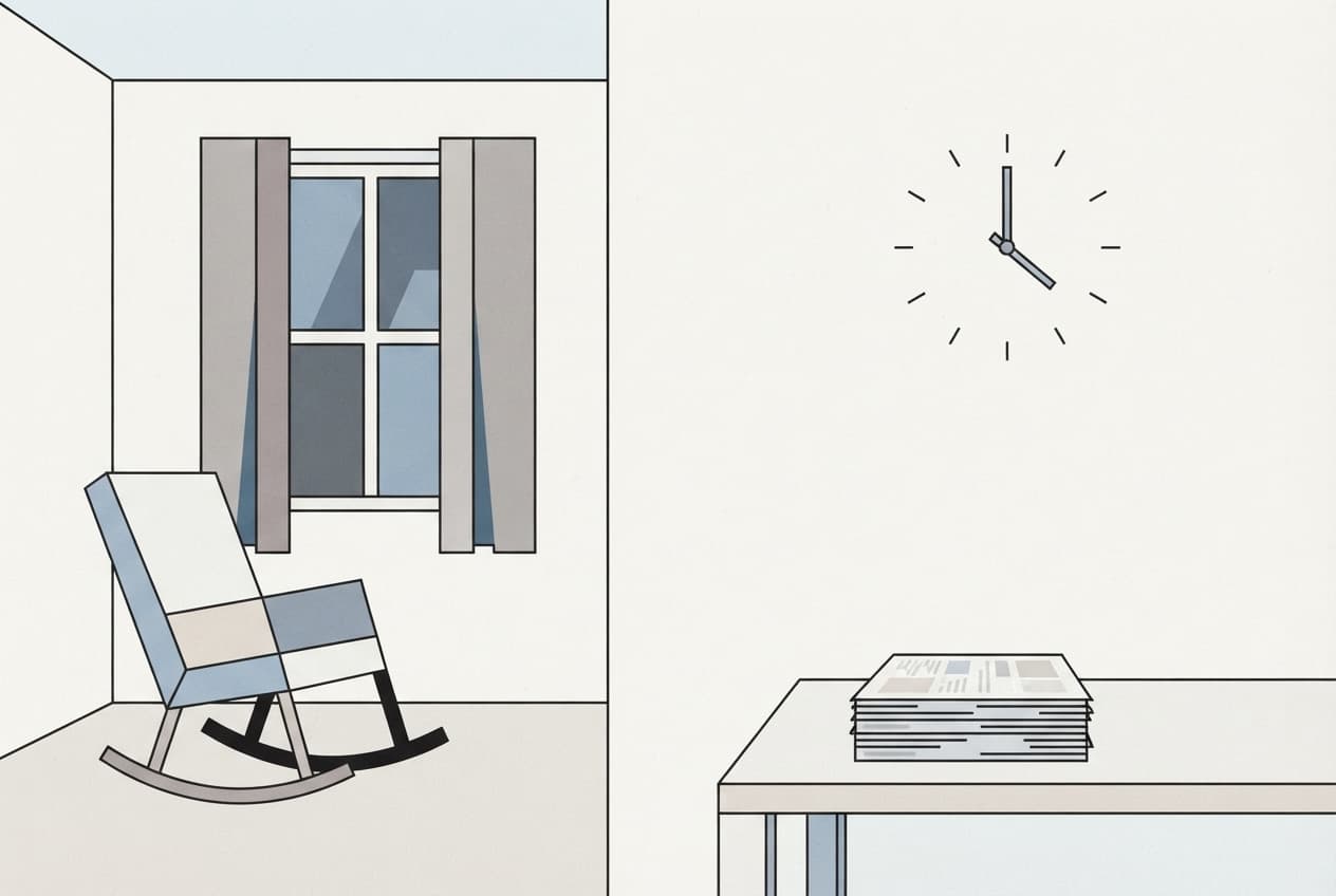 Flat illustration of rocking chair, closed curtains, stacked papers, a clock